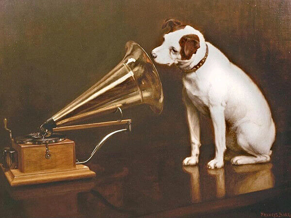 iconic painting of a Jack Russell terrier listening intently to a phonograph