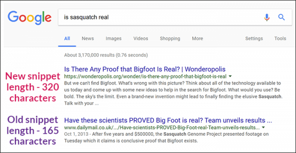 screen shot of search results showing a long snippet and a short snippet