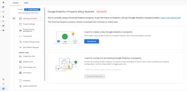 screenshot showing where to set up a new ga4 property