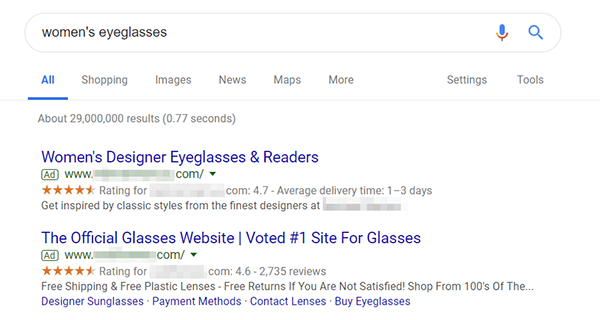 Screenshot of two different paid search ad, one that matches the searcher query and one that doesn't