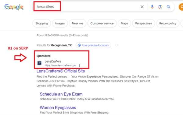screenshot showing an example of brand paid search results