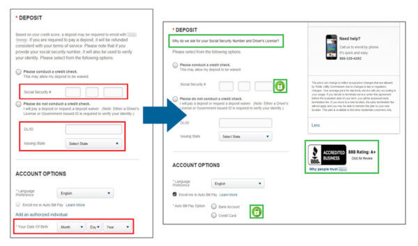 Screenshot of two different online enrollment forms, one with trust symbols and one without