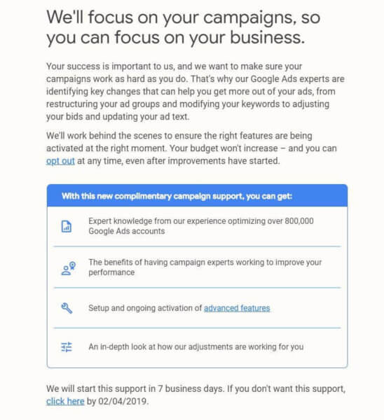 Screenshot of an email sent by Google Ads notifying advertisers that Google will take over campaign management