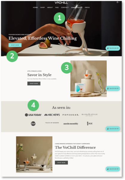 screenshot of the improved vochill wine accessories ecommerce company homepage with numbers of improved elements superimposed