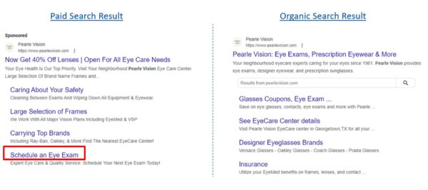 screenshot showing the difference between brand paid vs organic search results