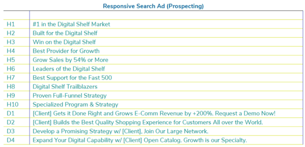 list of headlines and descriptions in a prospecting ad campaign