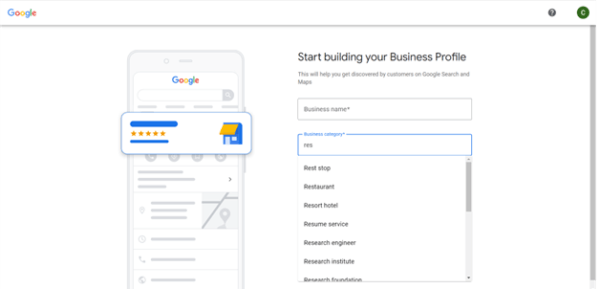 screenshot of a sampling of category options available in google business profiles