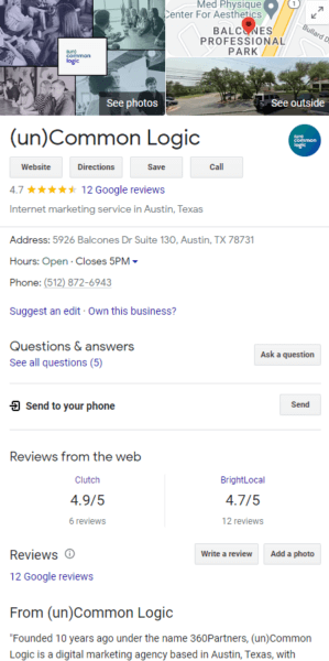 screenshot of properly set up google business profile page for uncommon logic